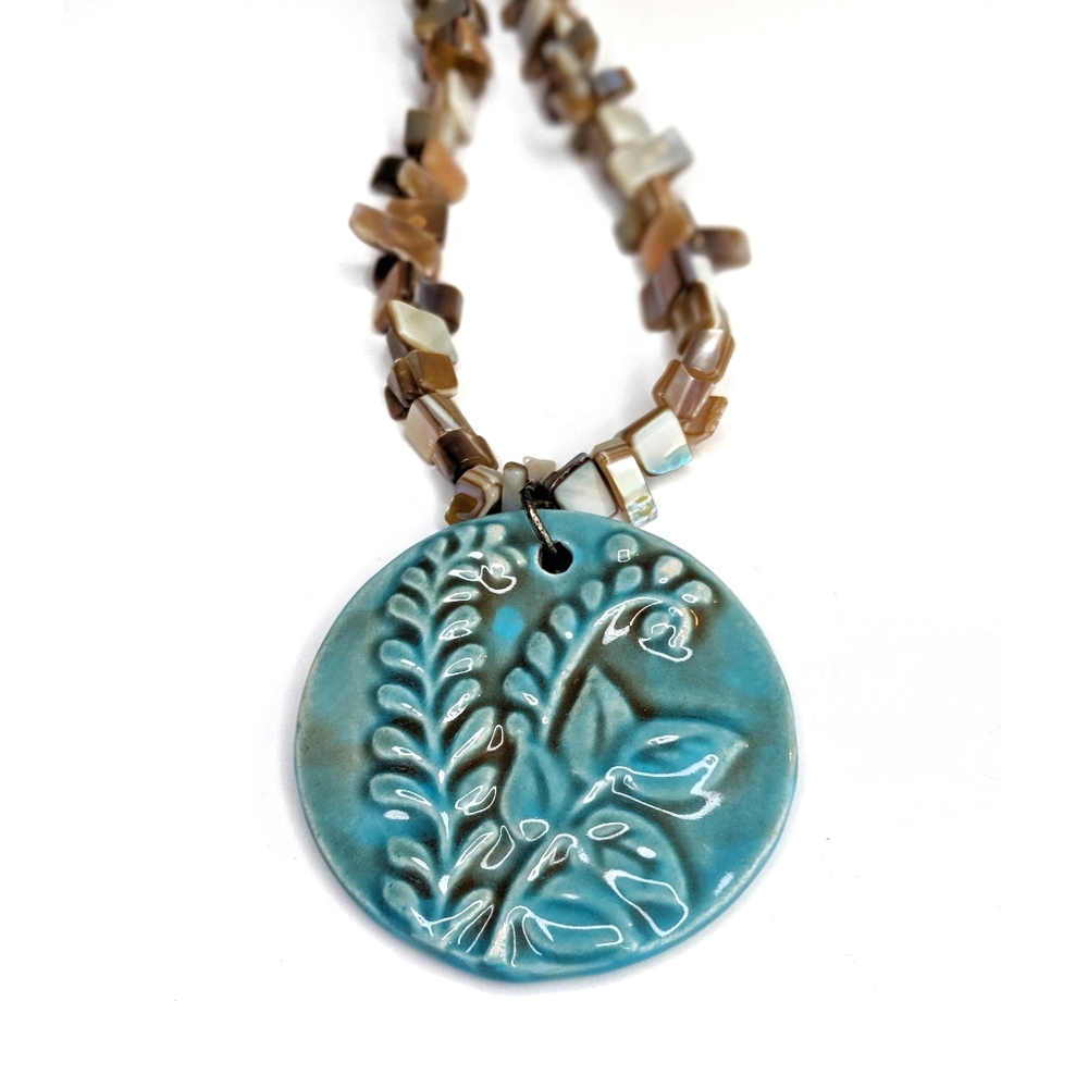 HANDMADE Ceramic Medallion Puka Shell Necklace